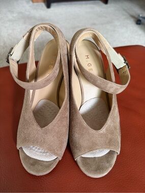 M. Gemi Taupe Suede Peep-Toe Slingback Wedges